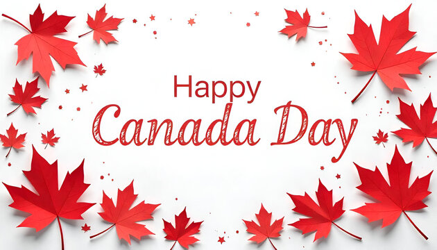 Happy Canada Day card on white background with paper cut maple leafs. Vector illustration.
