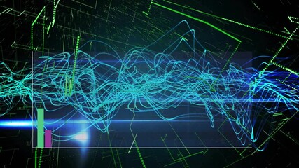 Poster - Futuristic data visualization being shown with turquoise waveforms, green bar chart, lens flare