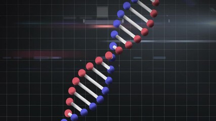 Aufkleber - 3D DNA double helix model rotating in digital interface, showing red-blue spheres and grid overlay