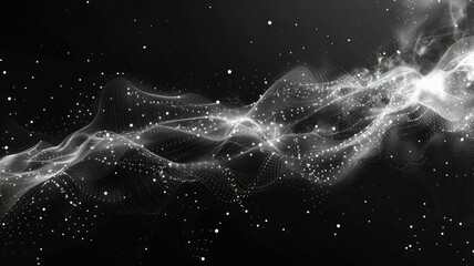 Poster - Futuristic digital network visualization with glowing nodes and lines on a dark background. Abstract image of white smoke and glowing light sparking in dark background. Digital art for design. AIG53.