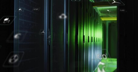 Poster - Server aisle glowing with green light in 3D render, floating energy icons illustrating power flow