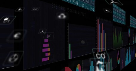 Poster - Dark futuristic dashboard showing floating 3D tilted holographic bar charts with energy CO2 icons