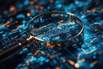 Poster - Magnifying glass examining stock market charts with glowing technology effects