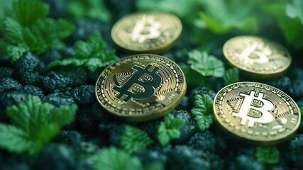 Aufkleber - Golden Bitcoin amidst Foliage: A close-up shot revealing lustrous Bitcoin coins nestled amidst a vibrant bed of lush greenery.
