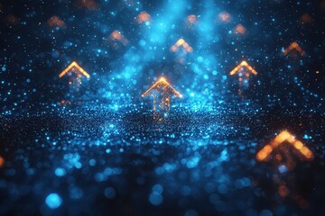 Poster - glowing upward arrow amidst vibrant dots on dark background concept art