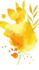 Poster - Vibrant Yellow Watercolor Spot with Leaf Motif on White Background Vector Art