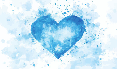Poster - Watercolor Blue Heart Shape with Splash Effect in Minimalist Style