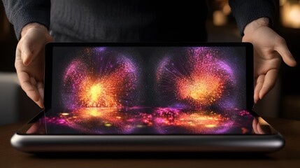 Poster - A person's hands gently cradle a futuristic tablet displaying a vibrant, abstract image of dual cosmic explosions.
