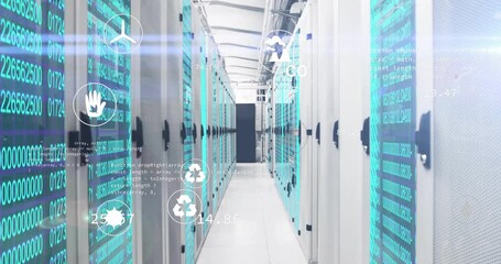 Poster - Modern data center aisle showing server racks flanking corridor, displaying code overlays and icons