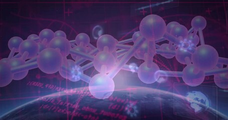 Poster - Translucent molecular network floating above Earth, featuring neon grid and holographic globe icon