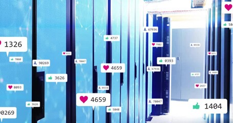 Poster - Server rack cabinets glowing in data center, showing floating social media icons, 3D render