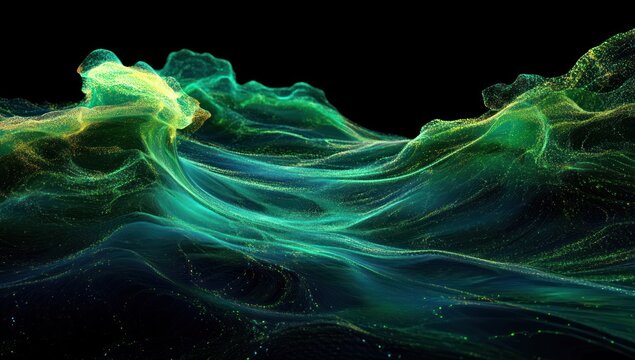 Abstract swirling shapes in vibrant greens and golds