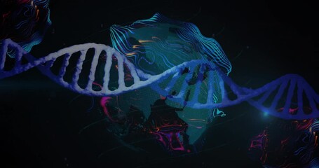 Poster - Blue-and-white DNA helix twisting through void, featuring dot-matrix globe and neon lines