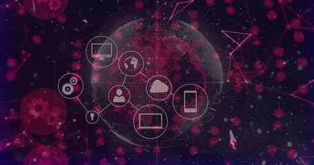 Poster - Animated network diagram showing glowing tech icons orbiting dotted globe in flat design