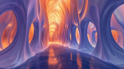 Poster - 3D tunnel with layered curves in pastel tones. Abstract interior design concept. Background image of overlapping geometric shape or circle portal or door with vibrant orange and purple. AIG51.