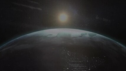 Poster - Planet Earth drifting across cosmic void in 3D render, showing solar glow and digital code overlay