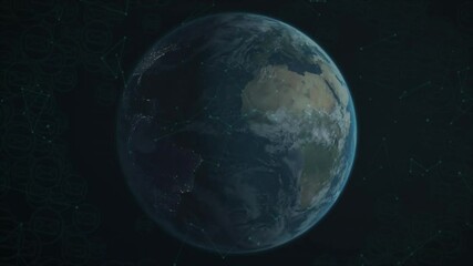 Poster - Earth being rendered from orbit, showing daylight Africa Europe and city lights with network nodes