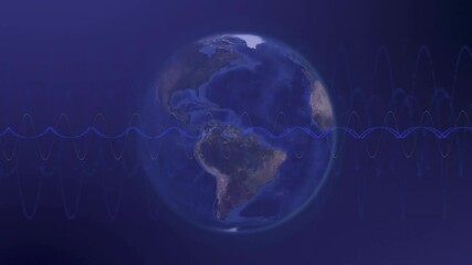 Poster - Glowing Earth globe floating within abstract digital space, displaying blue sine-wave data patterns