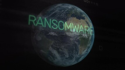 Poster - 3D Earth globe spinning through dark space, displaying RANSOMWARE overlay with binary digits