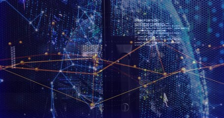 Poster - Futuristic data network streaming over dark server rack, featuring hex mesh globe and glowing nodes