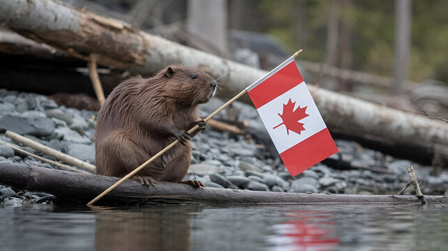 Beaver holding a Canadian flag on a stick in funny mood
