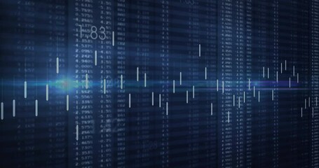 Poster - Floating candlestick bars drifting across navy screen showing blurred data columns and teal flare
