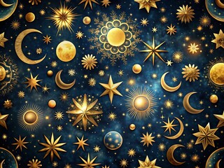 Wall Mural - Mystical Celestial Tilt-Shift: Golden Suns, Moons & Stars on Dark Blue