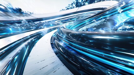 Poster - Abstract flowing blue and white digital waves on a light background. Digital artwork of speed effect or digital glowing white and blue pathway. Futuristic design and technology concept. AIG53.