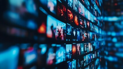 Poster - A close-up shot of a screen displaying numerous thumbnails of diverse video content, creating a vibrant and dynamic visual of online media.