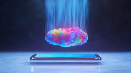 Poster - Vibrant, colorful cloud-like data descends onto a sleek smartphone, symbolizing digital transformation or data transfer. Futuristic and dynamic.