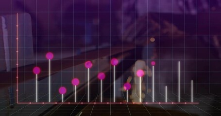 Poster - Digital chart floating over industrial workshop background, showing magenta spheres on white bars
