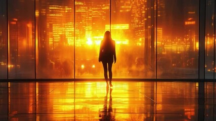 Aufkleber - Urban Solitude: A silhouette of a person is set against a panorama of a cityscape, reflecting the golden sunset through vast glass windows, inviting contemplation.