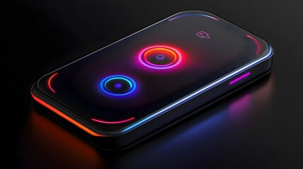 Poster - Futuristic black device with vibrant neon red and blue circular lights. Sleek design, high-tech aesthetic. Perfect for technology, gaming, or sci-fi concepts.