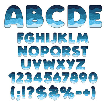 Font, alphabet, letter, number from layers with bubbles. Isolated vector objects on white background.