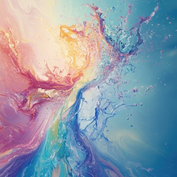 Vibrant splash twists in soft haze, gentle background