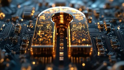Fototapete - Digital Fortress: A close-up shot of a radiant padlock formed on a microchip's detailed circuitry, emphasizing cybersecurity's intricate strength and innovative technological prowess.