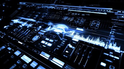Aufkleber - Futuristic digital audio workstation interface with glowing blue controls and dynamic waveforms.  Ideal for music production, technology, and digital art concepts.