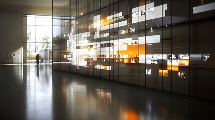 Poster - Modern office hallway with large glass wall displaying numerous images and videos. Sunlight streams through a window, illuminating the sleek, polished floor. A lone figure walks towards the window.