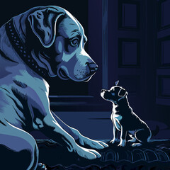 big dog and puppy, dark blue illustration