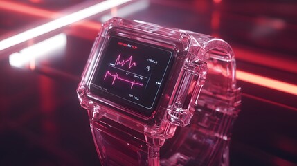 Poster - Futuristic transparent smartwatch displaying a heartbeat monitor in a vibrant red neon light setting.  Sleek design, technological aesthetic.