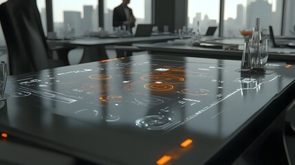 Poster - Futuristic smart table with holographic interface displays data and graphs.  Modern office setting with city view in background. Sleek design, high-tech.