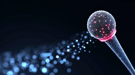 Poster - Abstract Microphone Design - Futuristic microphone, sound, glowing particles, network connection, communication technology. Symbolizing innovation, broadcasting, connectivity, virtual communication