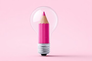 Poster - Bright Ideas: Pencil in Lightbulb - Pink pencil inside a lightbulb on a pink background, symbolizing creativity and inspiration
