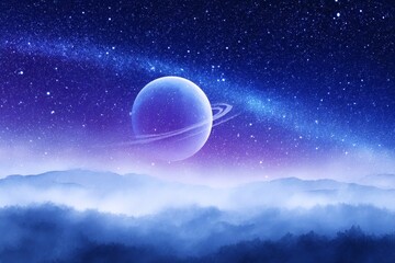 Wall Mural - celestial landscape with ringed planet - a serene landscape with misty mountains under a night sky, 
