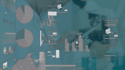 Poster - Digital interface displaying pie charts and bar graphs in factory, overlaying robotic machinery