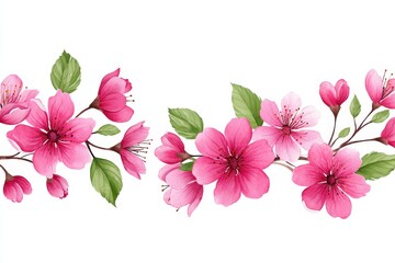 Poster - Delicate Pink Blossom Border - Watercolor painting of pink cherry blossoms and green leaves arranged in a beautiful border. Perfect for spring themes