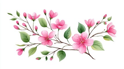 Poster - Delicate Pink Blossom Branch - Watercolor painting of a graceful branch adorned with delicate pink blossoms and lush green leaves, perfect for spring themes