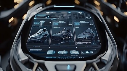 Poster - Futuristic interface showcasing three sleek, dark-colored athletic shoes.  Detailed product information and specifications are displayed on a high-tech screen.