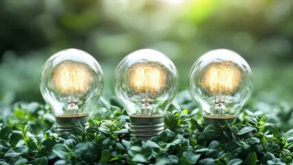 Poster - Innovative Illumination: A trio of luminous light bulbs, emitting a warm, inviting glow, rests amidst a bed of vibrant green foliage. Capturing the essence of creativity and innovation.
