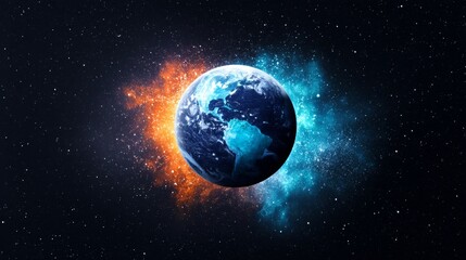 Wall Mural - earth's fiery and icy embrace - a stunning cosmic of planet earth engulfed in fiery orange and icy b